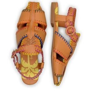 Farm Rio Women's Caramel Palm Tree Sandal Size 8 Embroidered Tropical Resort